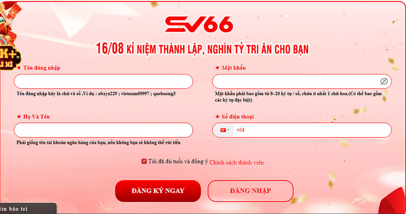 Hướng dẫn chi tiết cách tạo tài khoản thành viên SV66 trực tiếp trên web